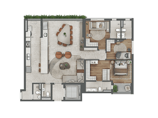 Planta 150 m² com 3 suítes e cozinha aberta — Almá Pinheiros