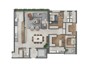 Planta 150 m² com 2 suítes e cozinha fechada — Almá Pinheiros