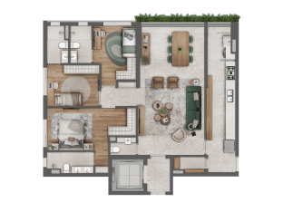 Planta 125 m² com 3 suítes e cozinha fechada — Almá Pinheiros