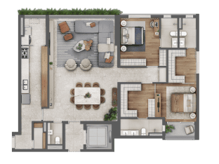 Planta 150 m² com 2 suítes — Almá Pinheiros