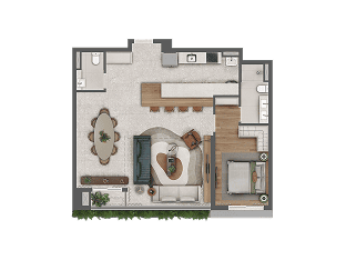 Planta 123 m² com 3 suítes e cozinha fechada — Almá Pinheiros