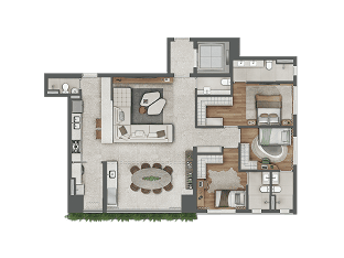 Planta 139 m² com 3 suítes e cozinha aberta — Almá Pinheiros